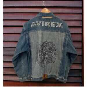 Vtg Avirex First Nation Embroidered Blue Denim Aviator Jean Jacket Mens Size XL